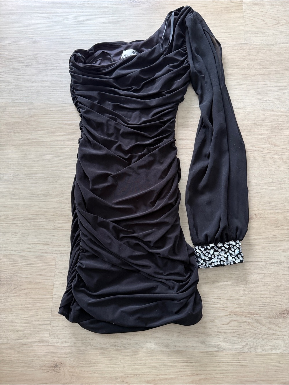 One-Shoulder Black Ruched Dress with Beaded Cuff